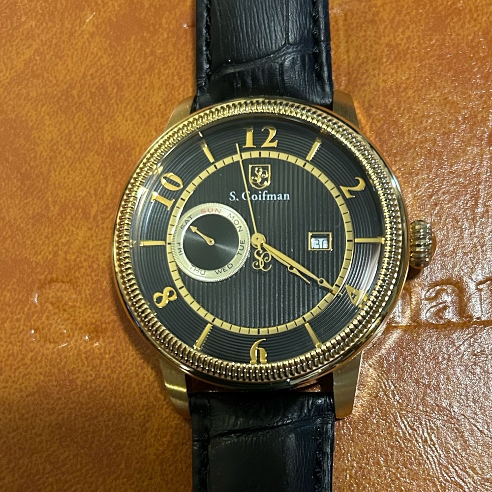 S Coifman Watch With 45mm Black Face & Black Leather Band